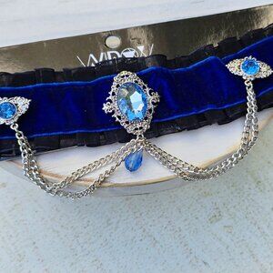 Widow ✦ Blue Velvet Victorian Choker ✦ Crystal Accents & Chain Details NWT